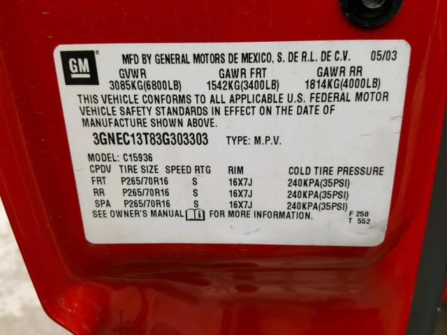 3GNEC13T83G303303 - 2003 CHEVROLET AVALANCHE RED photo 10