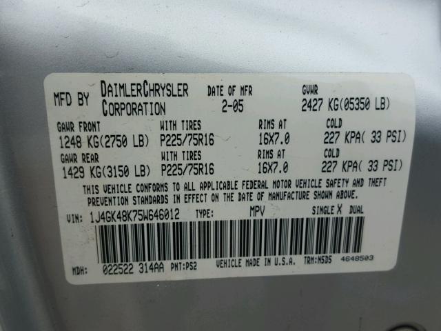 1J4GK48K75W646012 - 2005 JEEP LIBERTY SP SILVER photo 10