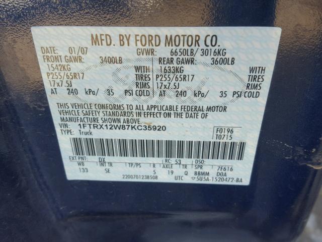 1FTRX12W87KC35920 - 2007 FORD F150 BLUE photo 10