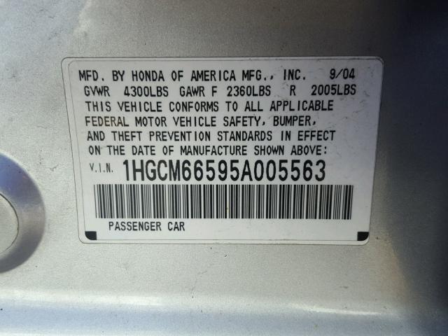 1HGCM66595A005563 - 2005 HONDA ACCORD EX SILVER photo 10