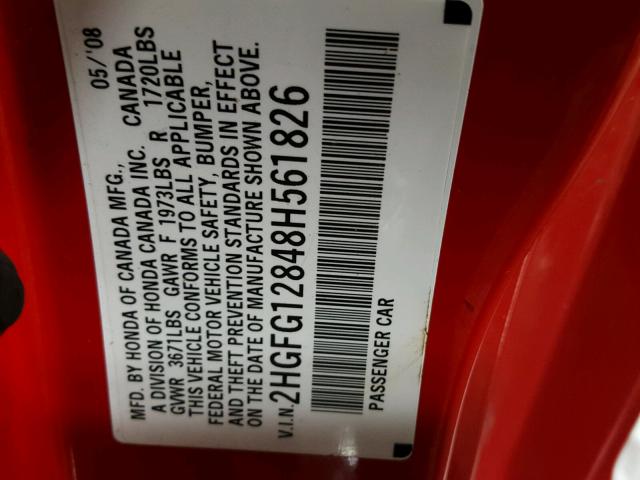 2HGFG12848H561826 - 2008 HONDA CIVIC EX წითელი ფოტო 10