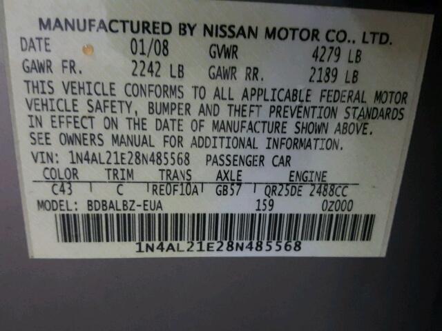 1N4AL21E28N485568 - 2008 NISSAN ALTIMA 2.5 BROWN photo 10