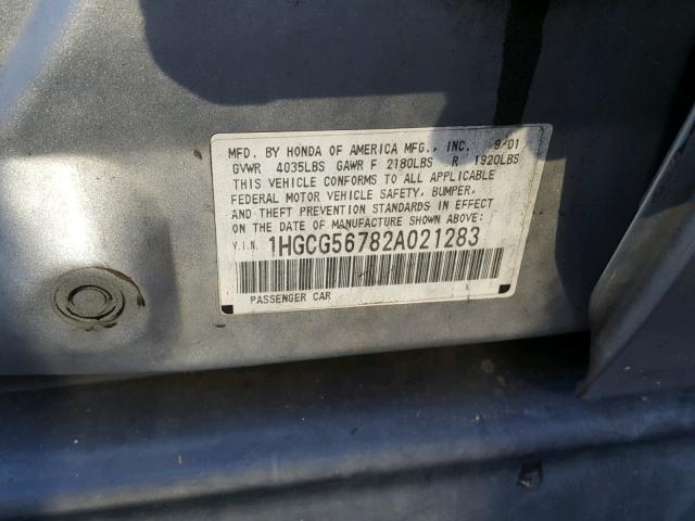 1HGCG56782A021283 - 2002 HONDA ACCORD SE SILVER photo 10