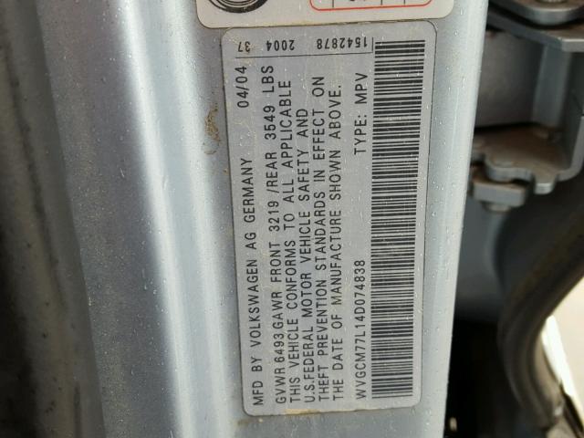 WVGCM77L14D074838 - 2004 VOLKSWAGEN TOUAREG 4. SILVER photo 10