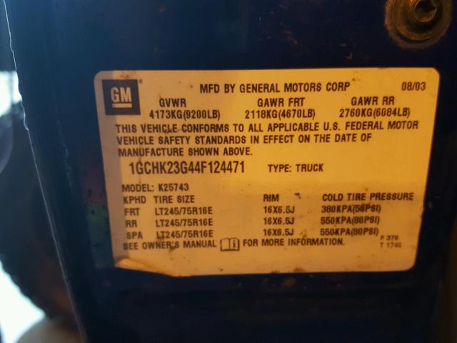 1GCHK23G44F124471 - 2004 CHEVROLET SILVERADO BLUE photo 10