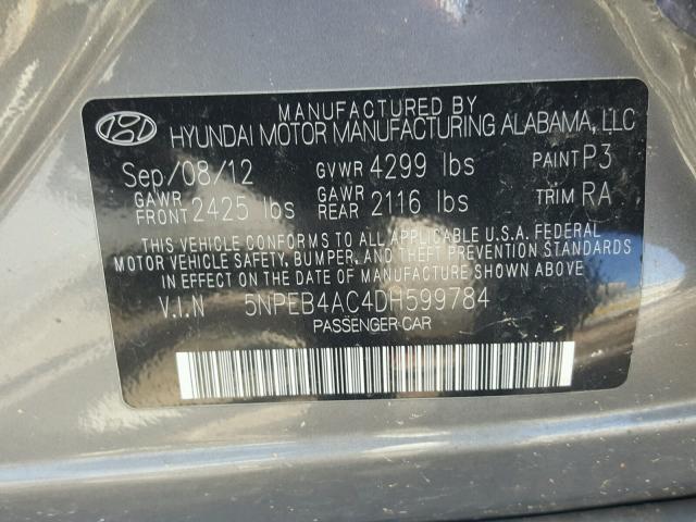 5NPEB4AC4DH599784 - 2013 HYUNDAI SONATA GLS GRAY photo 10