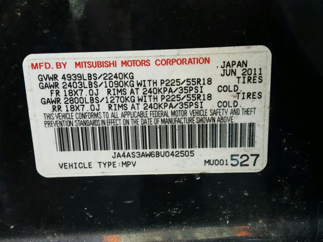 JA4AS3AW6BU042505 - 2011 MITSUBISHI OUTLANDER BLACK photo 10