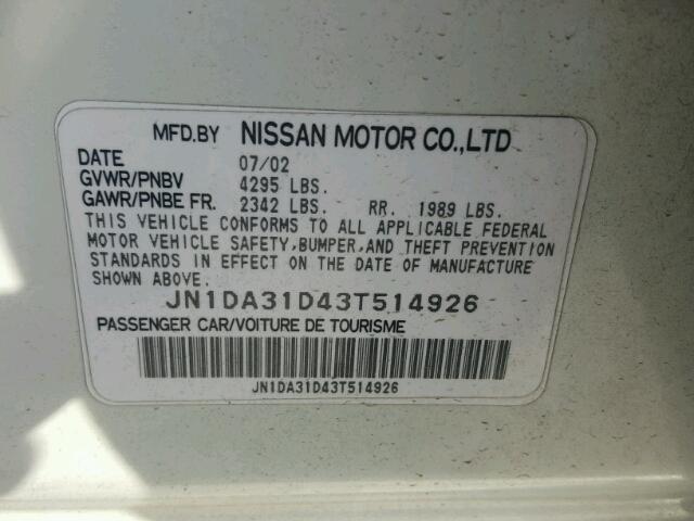 JN1DA31D43T514926 - 2003 NISSAN MAXIMA GLE WHITE photo 10