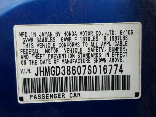 JHMGD38607S016774 - 2007 HONDA FIT S BLUE photo 10