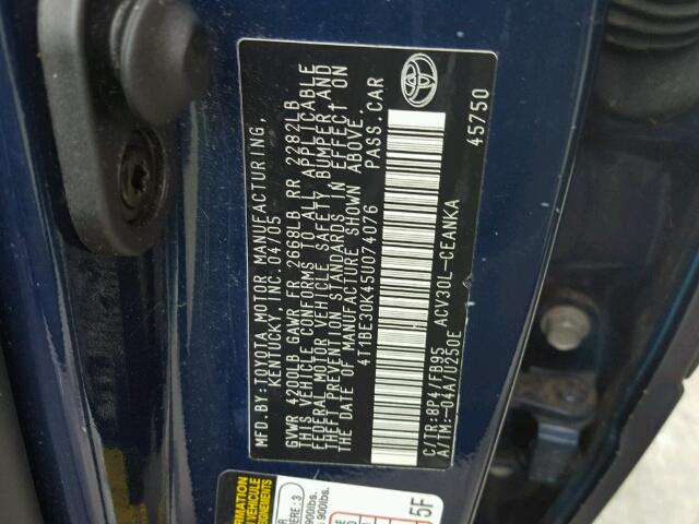 4T1BE30K45U074076 - 2005 TOYOTA CAMRY LE BLUE photo 10