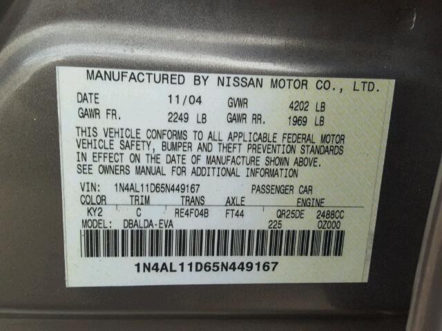 1N4AL11D65N449167 - 2005 NISSAN ALTIMA S GRAY photo 10