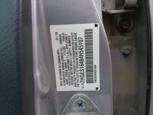 2HGES16484H545107 - 2004 HONDA CIVIC DX SILVER photo 10