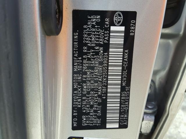 4T1BF32K25U599034 - 2005 TOYOTA CAMRY LE SILVER photo 10