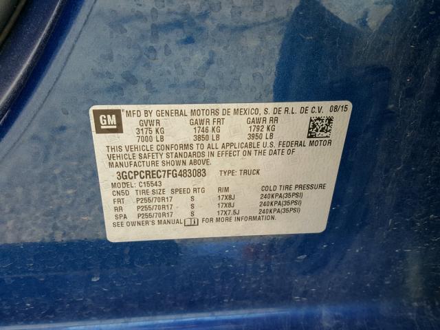 3GCPCREC7FG483083 - 2015 CHEVROLET SILVERADO BLUE photo 10