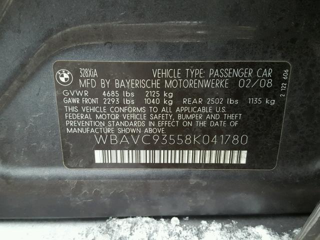 WBAVC93558K041780 - 2008 BMW 328 XI CHARCOAL photo 10