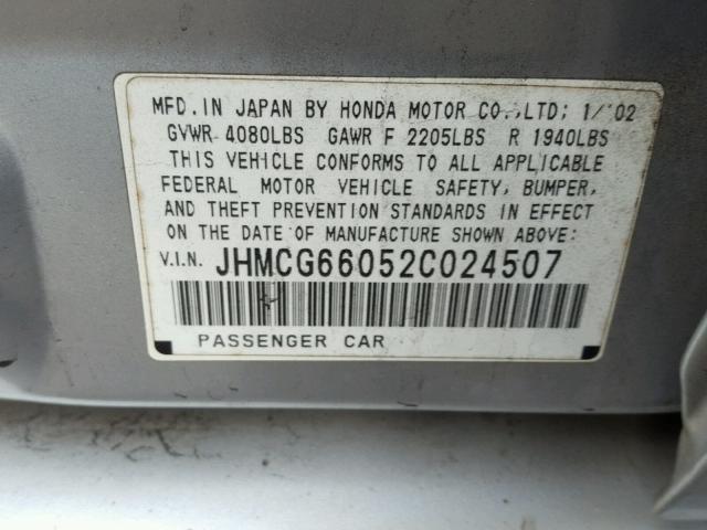 JHMCG66052C024507 - 2002 HONDA ACCORD EX SILVER photo 10