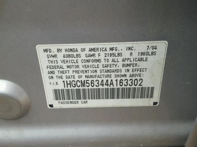 1HGCM56344A163302 - 2004 HONDA ACCORD LX SILVER photo 10