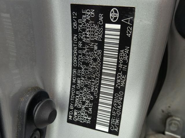 JTDKN3DU2C5509538 - 2012 TOYOTA PRIUS SILVER photo 10