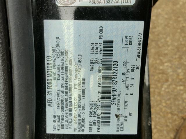 3FAHP07187R122120 - 2007 FORD FUSION SE BLACK photo 10