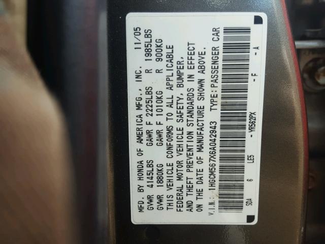 1HGCM567X6A042943 - 2006 HONDA ACCORD EX 石墨色 照片 10