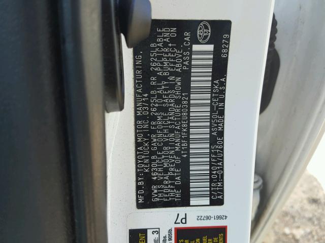 4T1BF1FK8EU803821 - 2014 TOYOTA CAMRY L WHITE photo 10