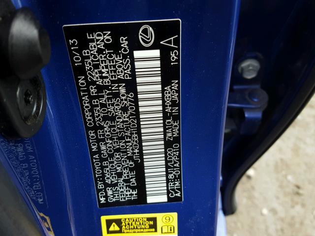 JTHKD5BH1D2170776 - 2013 LEXUS CT 200 BLUE photo 10