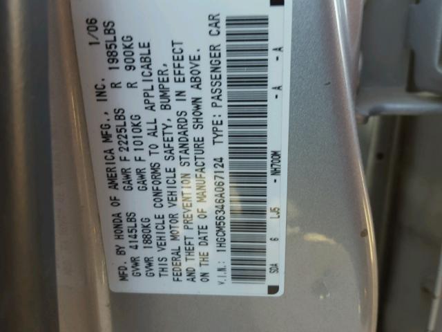 1HGCM56346A067124 - 2006 HONDA ACCORD SE SILVER photo 10