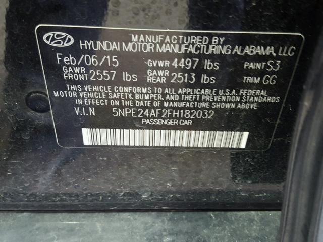 5NPE24AF2FH182032 - 2015 HYUNDAI SONATA SE BLACK photo 10