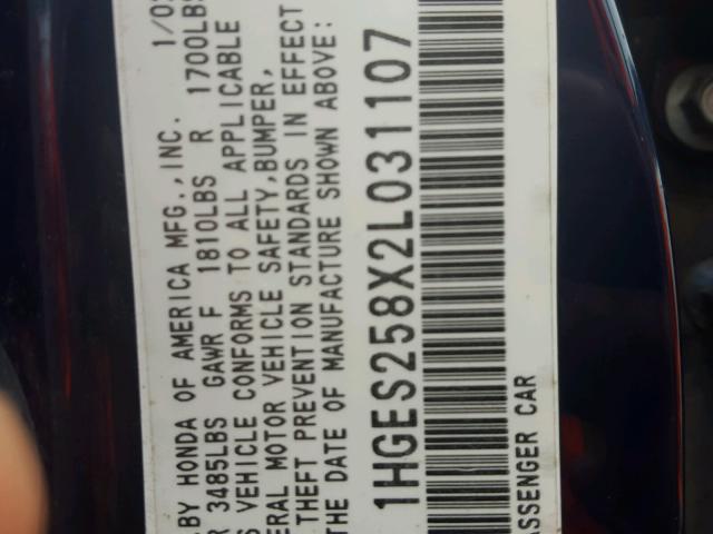 1HGES258X2L031107 - 2002 HONDA CIVIC EX ლურჯი ფოტო 10