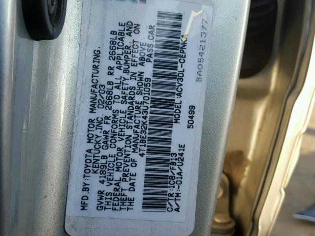 4T1BE32K43U701059 - 2003 TOYOTA CAMRY LE SILVER photo 10