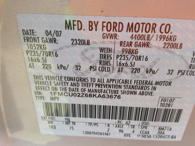 1FMCU02Z68KA63676 - 2008 FORD ESCAPE XLS SILVER photo 10