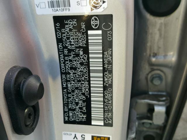 JTDKBRFU0G3511542 - 2016 TOYOTA PRIUS SILVER photo 10