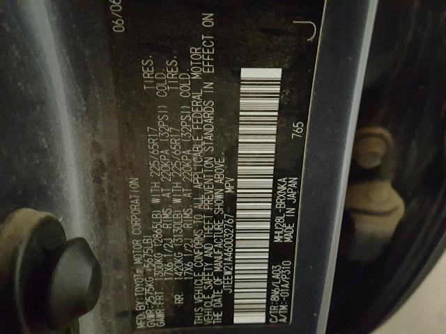 JTEEW21A460032767 - 2006 TOYOTA HIGHLANDER BLUE photo 10