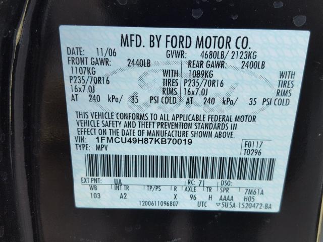 1FMCU49H87KB70019 - 2007 FORD ESCAPE HEV BLACK photo 10