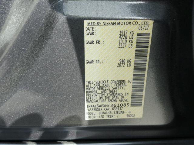 1N4AL3APXHN361085 - 2017 NISSAN ALTIMA 2.5 GRAY photo 10