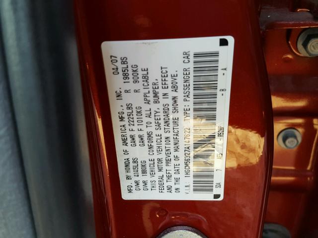 1HGCM56327A147622 - 2007 HONDA ACCORD SE RED photo 10