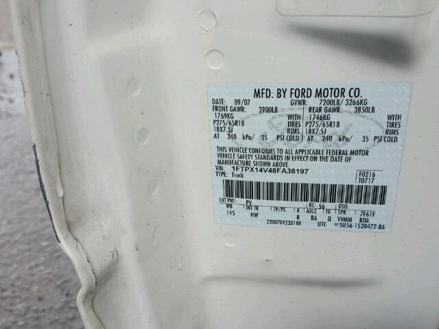 1FTPX14V48FA38197 - 2008 FORD F150 CREAM photo 10