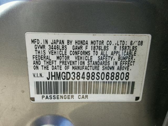 JHMGD38498S068808 - 2008 HONDA FIT SILVER photo 10