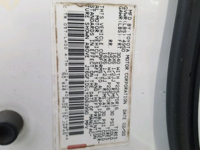 JT6GF10U1Y0063990 - 2000 LEXUS RX 300 WHITE photo 10