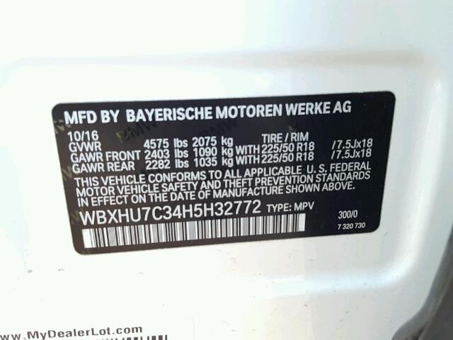 WBXHU7C34H5H32772 - 2017 BMW X1 SDRIVE2 WHITE photo 10