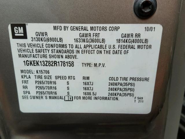 1GKEK13Z82R178158 - 2002 GMC YUKON TAN photo 10