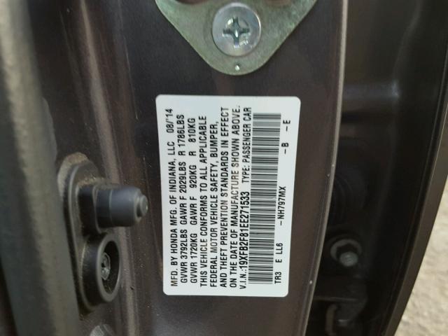 19XFB2F81EE271533 - 2014 HONDA CIVIC EX GRAY photo 10