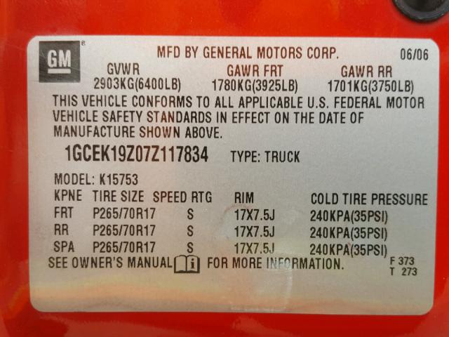 1GCEK19Z07Z117834 - 2007 CHEVROLET SILVERADO RED photo 10