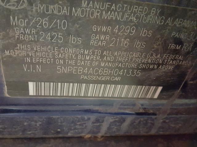 5NPEB4AC6BH041335 - 2011 HYUNDAI SONATA GLS BLUE photo 10