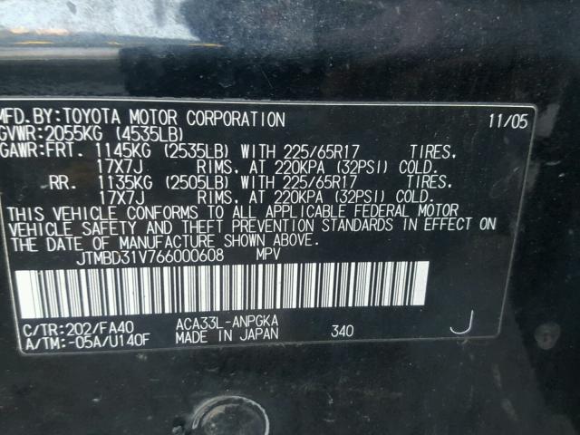 JTMBD31V766000608 - 2006 TOYOTA RAV4 LIMIT BLACK photo 10