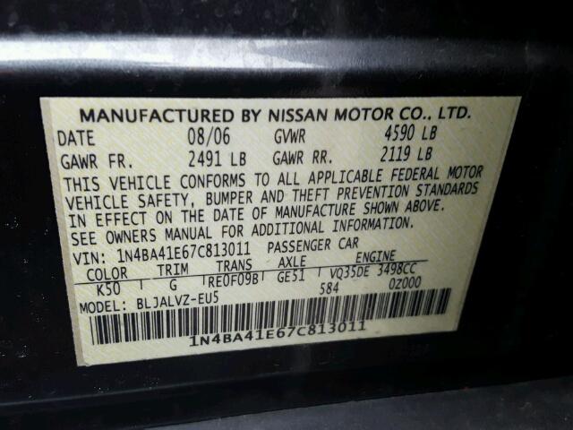 1N4BA41E67C813011 - 2007 NISSAN MAXIMA SE CHARCOAL photo 10