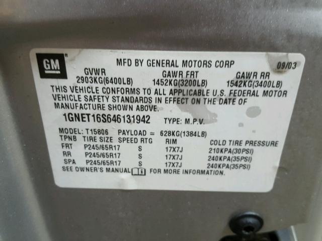 1GNET16S646131942 - 2004 CHEVROLET TRAILBLAZE SILVER photo 10