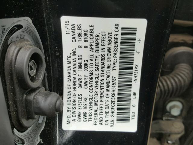 2HGFC2F5XGH515787 - 2016 HONDA CIVIC LX BLACK photo 10