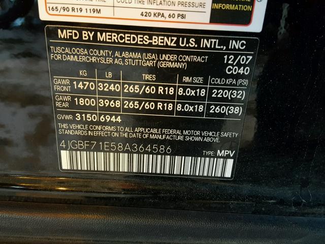 4JGBF71E58A364586 - 2008 MERCEDES-BENZ GL 450 4MA BLACK photo 10