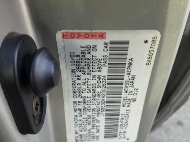 JTDBE32K420026324 - 2002 TOYOTA CAMRY LE GRAY photo 10